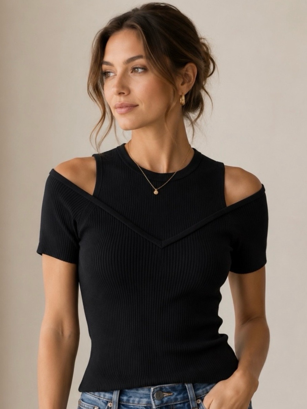 NWT Maje Black Ribbed Cold-Shoulder Short Sleeve ribbed knit Top sz 3